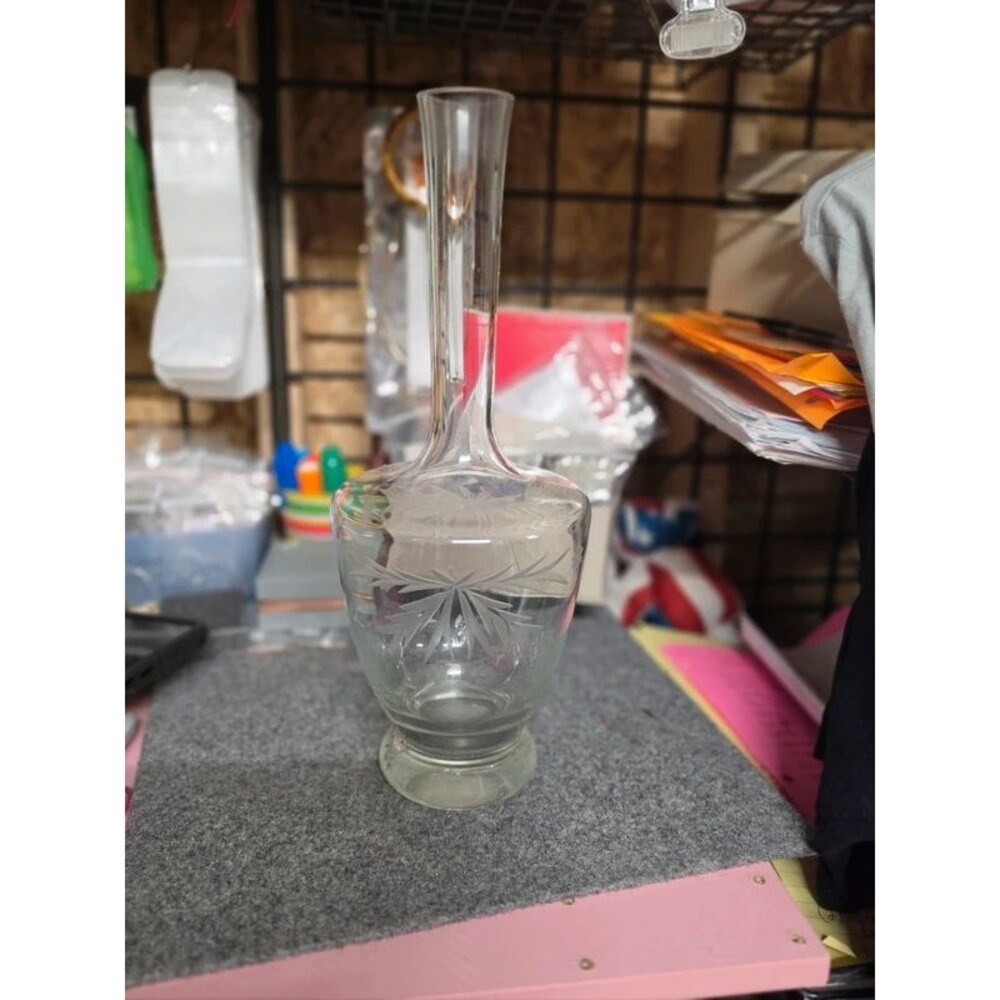 Vintage hand blown glass vase with etching